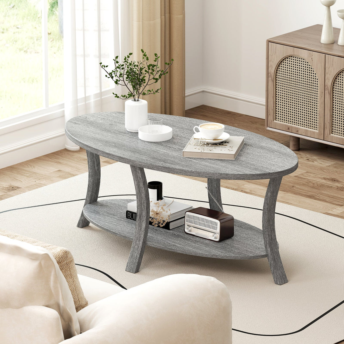 Oval Coffee Table 2-Tier Center Table with Storage Shelf-Gray