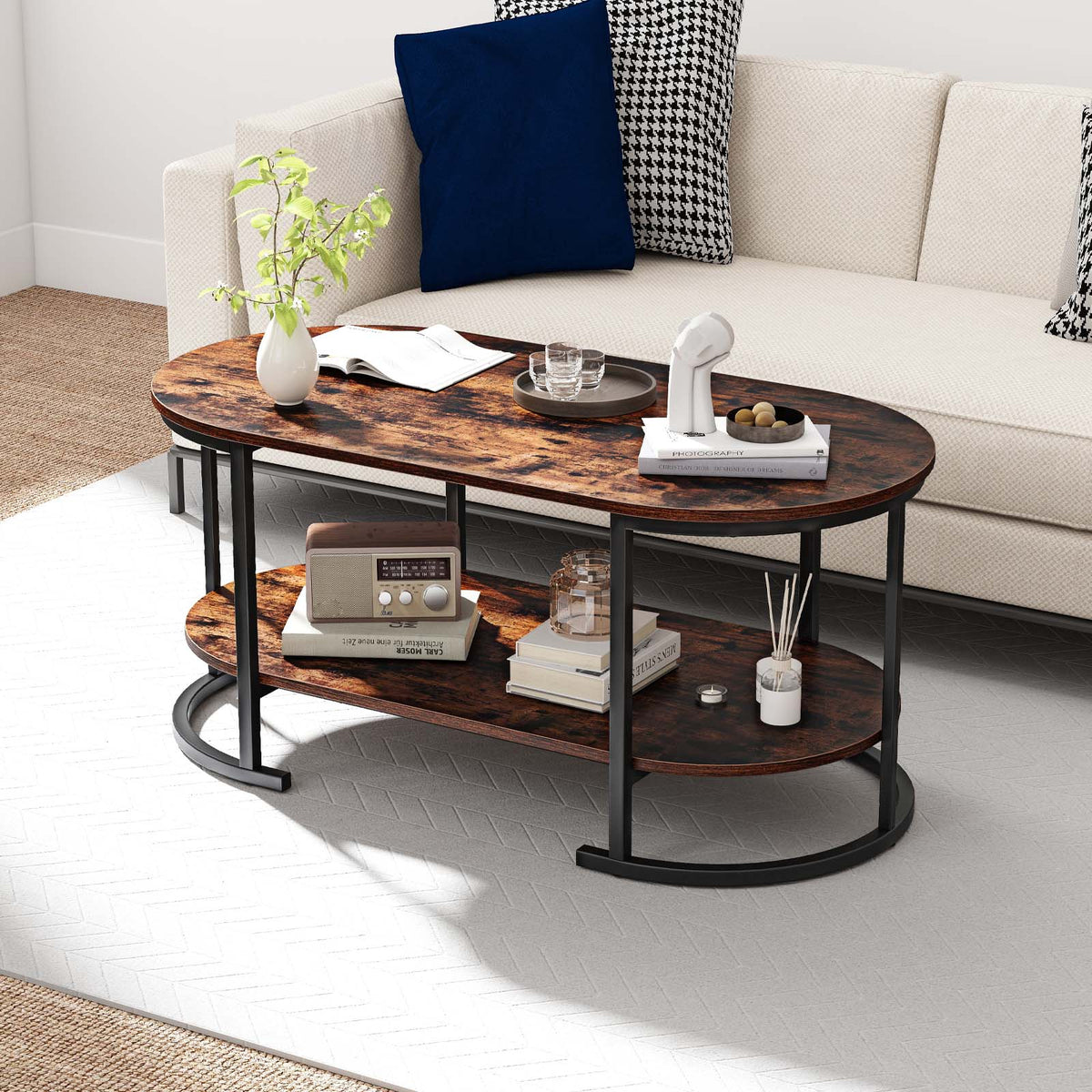 Oval Coffee Table 2-Tier Wooden Accent Table with Spacious Tabletop and Open Storage Shelf