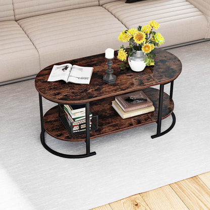 Oval Coffee Table 2-Tier Wooden Accent Table with Spacious Tabletop and Open Storage Shelf