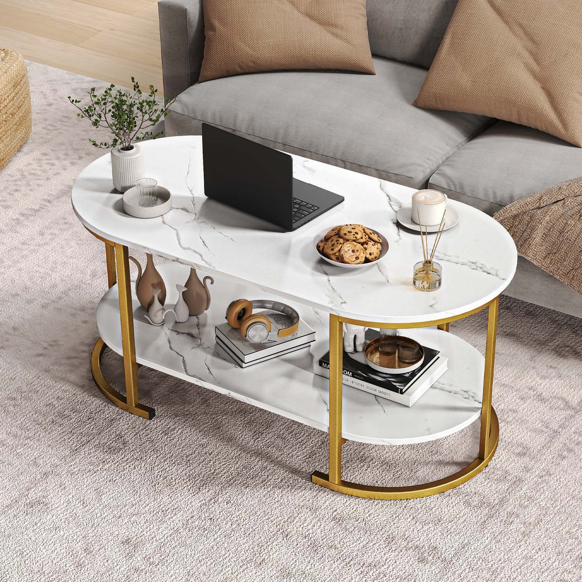 Oval Coffee Table 2-Tier Wooden Accent Table with Spacious Tabletop and Open Storage Shelf