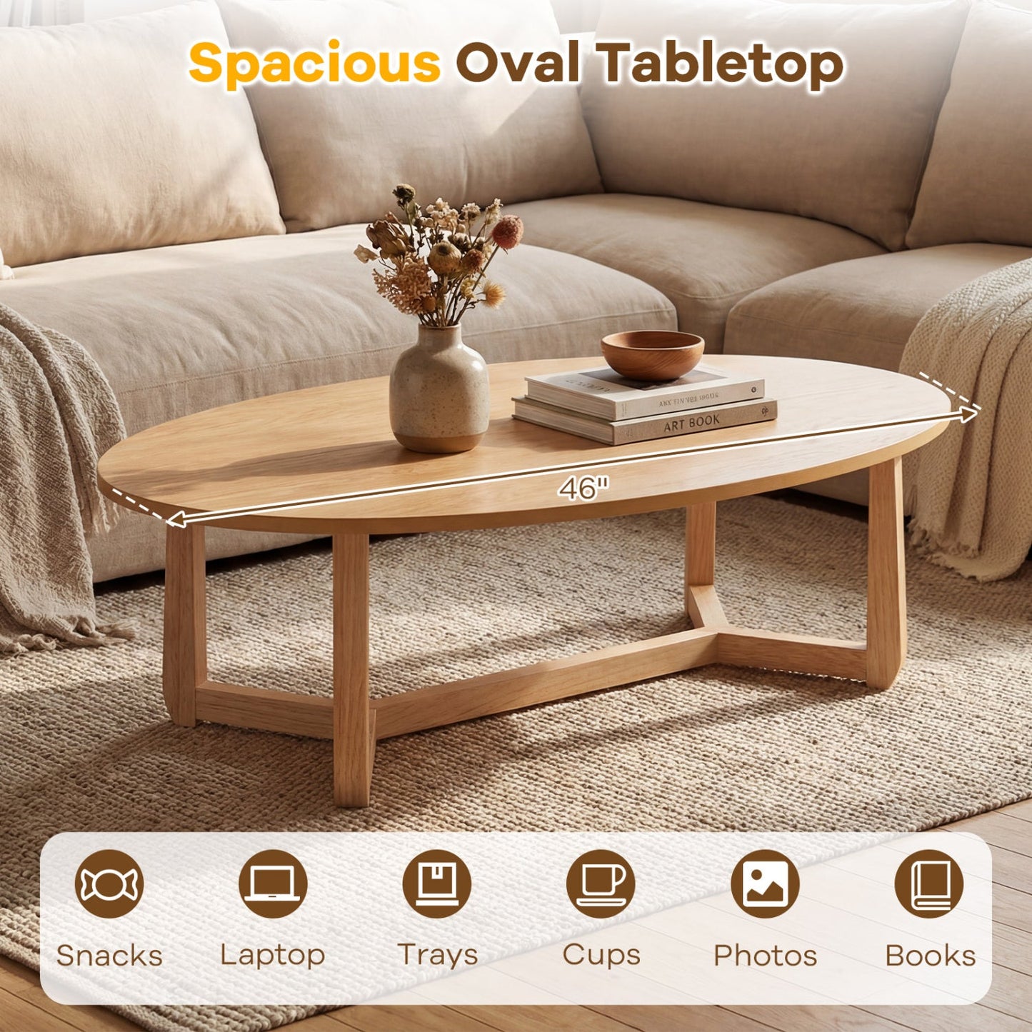 Oval Coffee Table 46 Inches Wooden Accent Table with Thickened Top