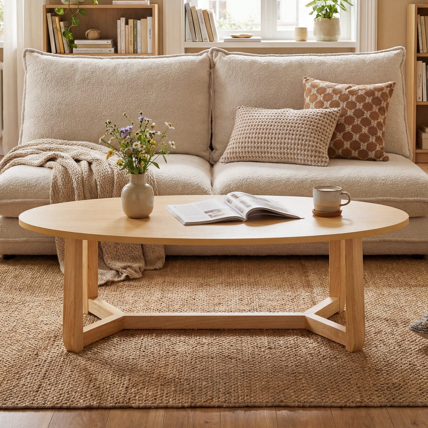 Oval Coffee Table 46 Inches Wooden Accent Table with Thickened Top