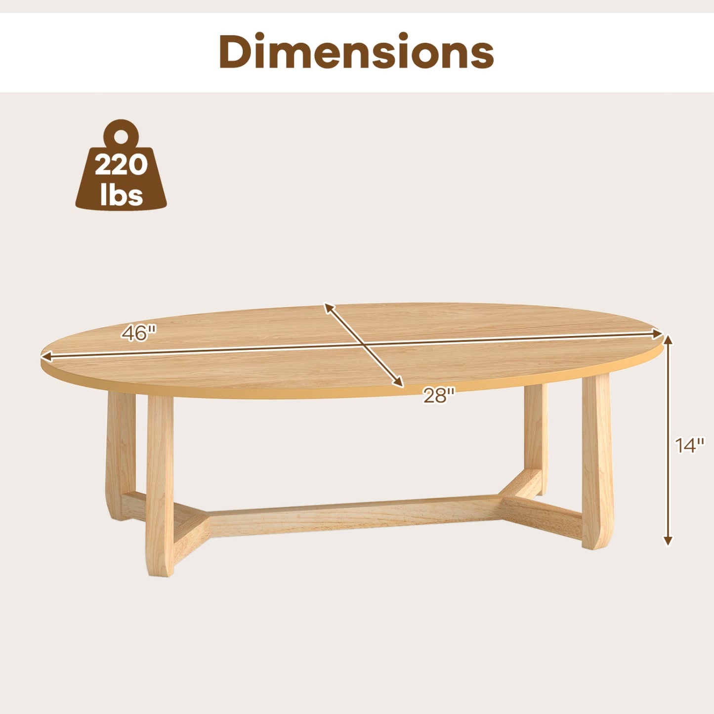 Oval Coffee Table 46 Inches Wooden Accent Table with Thickened Top