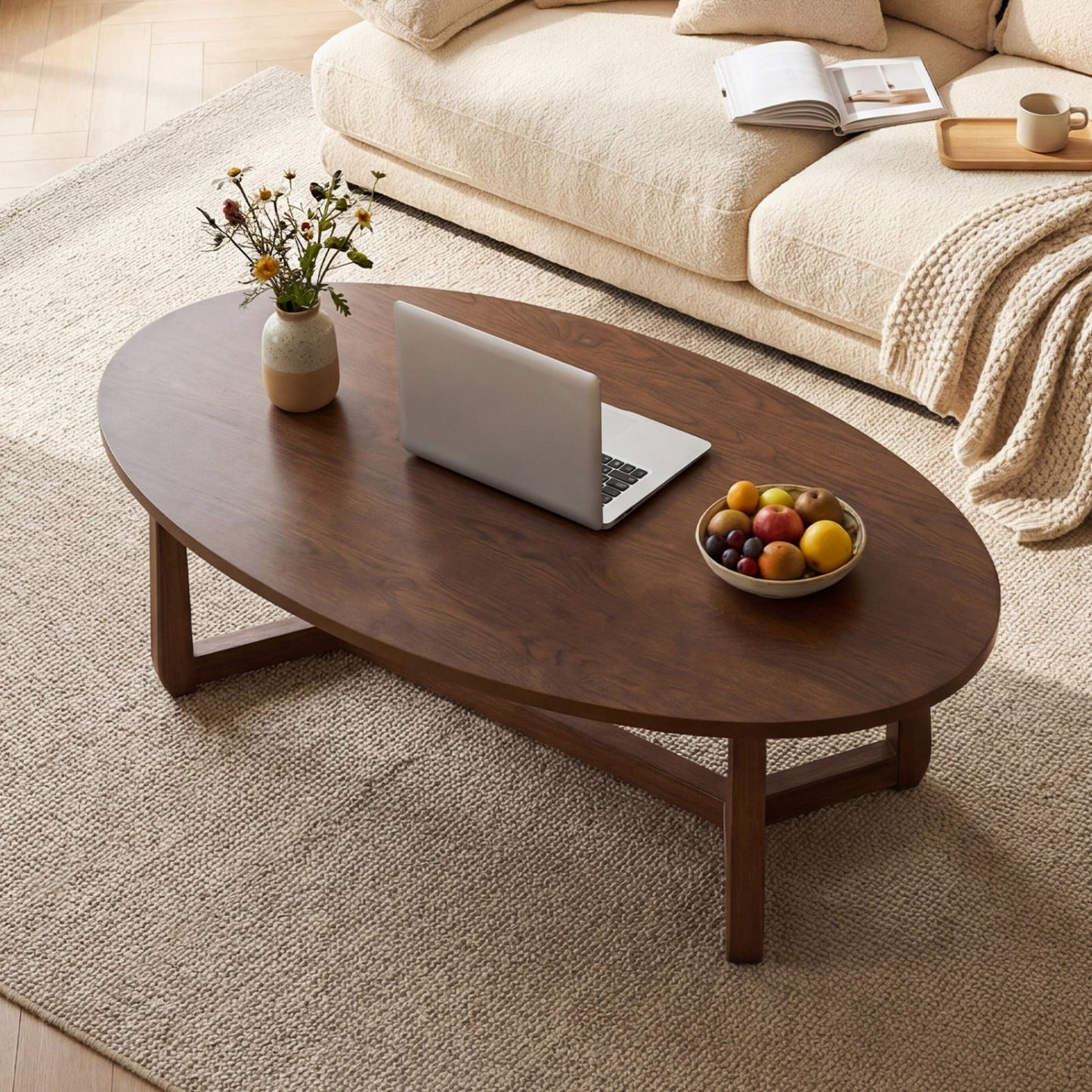 Oval Coffee Table 46 Inches Wooden Accent Table with Thickened Top