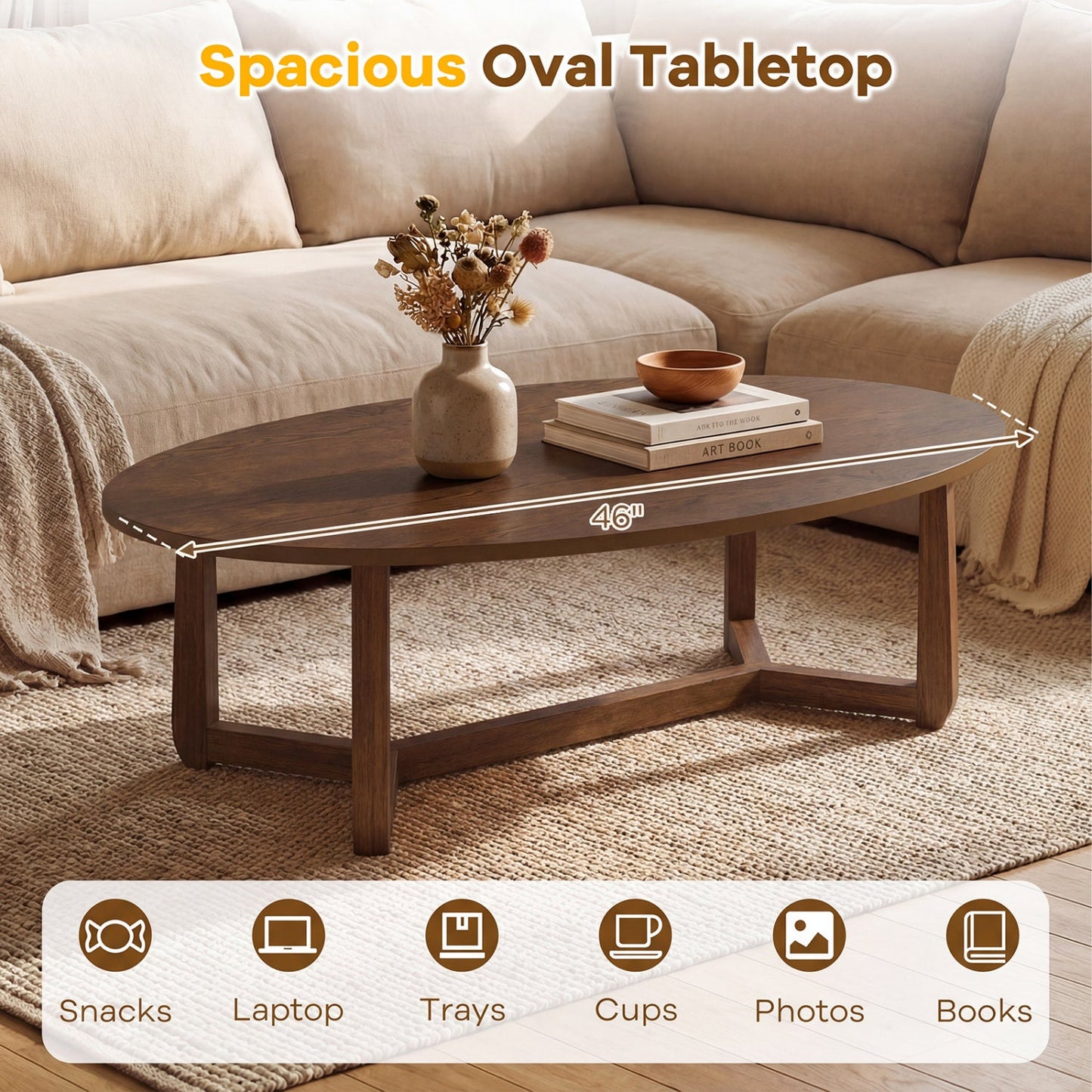 Oval Coffee Table 46 Inches Wooden Accent Table with Thickened Top