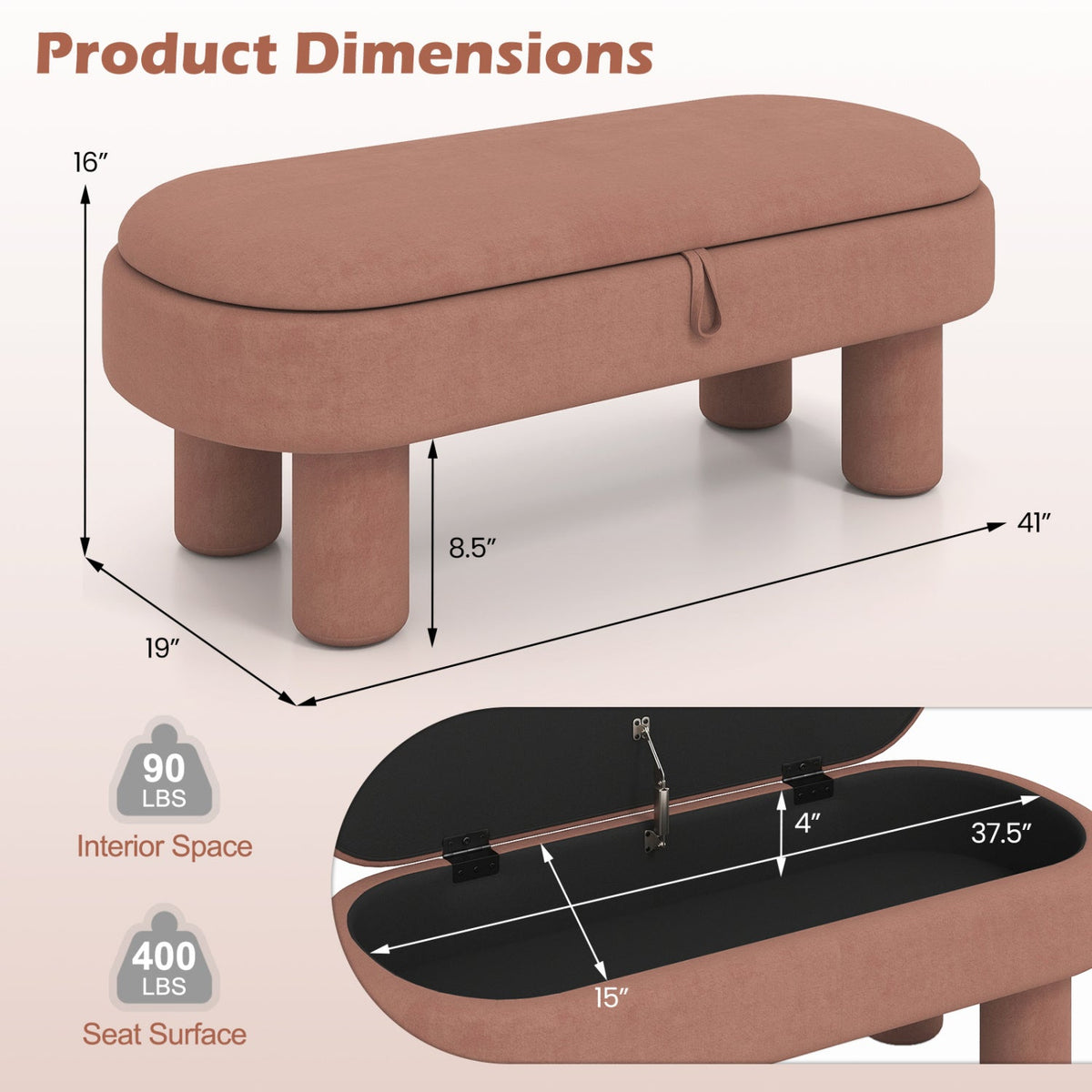 Oval Storage Ottoman Bench with Upholstered Velvet Seat