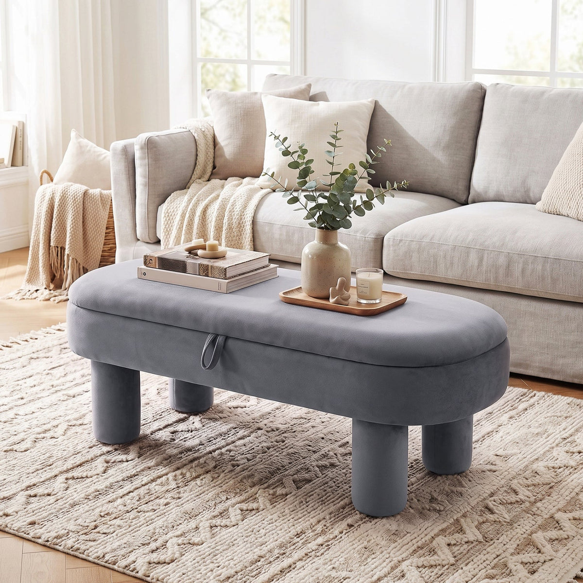 Oval Storage Ottoman Bench with Upholstered Velvet Seat