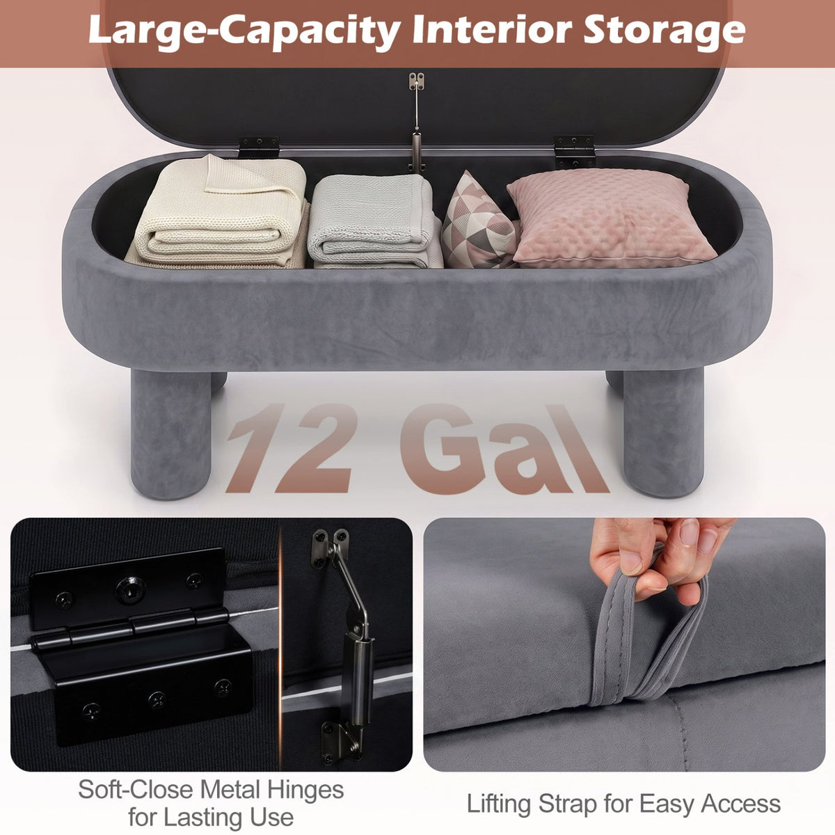Oval Storage Ottoman Bench with Upholstered Velvet Seat