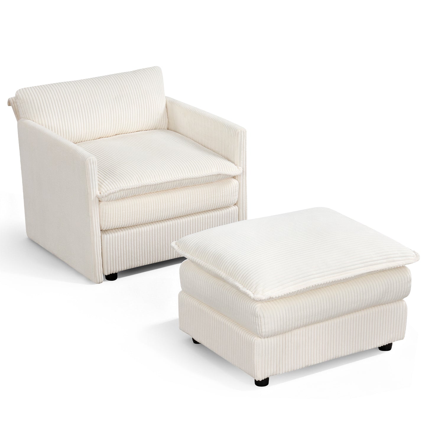 Oversized Accent Chair with Ottoman in Beige Corduroy