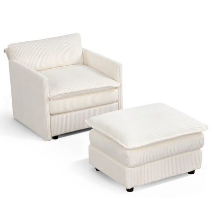 Oversized Accent Chair with Ottoman in Beige Corduroy
