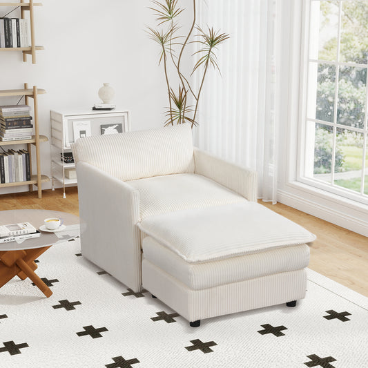 Oversized Accent Chair with Ottoman in Beige Corduroy