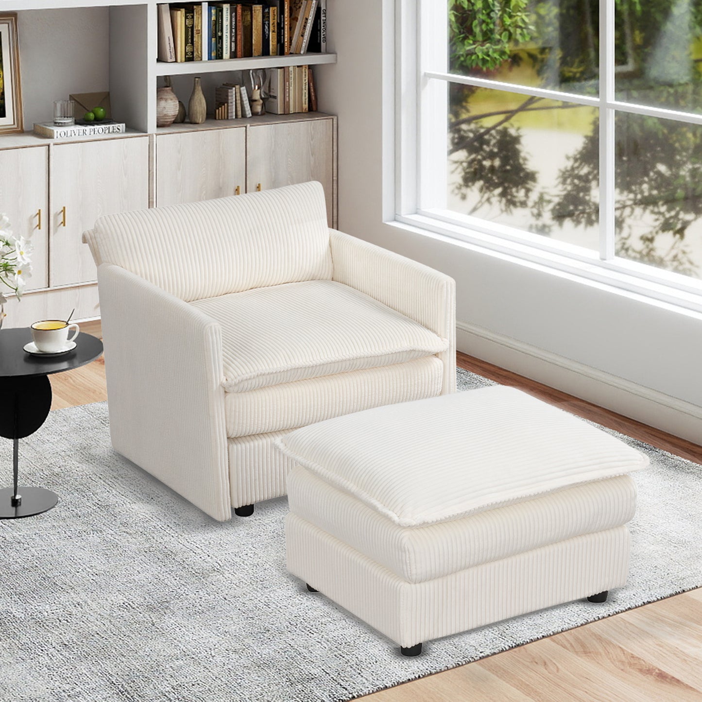 Oversized Accent Chair with Ottoman in Beige Corduroy