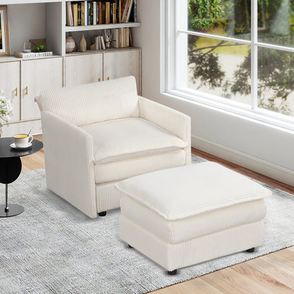 Oversized Accent Chair with Ottoman in Beige Corduroy