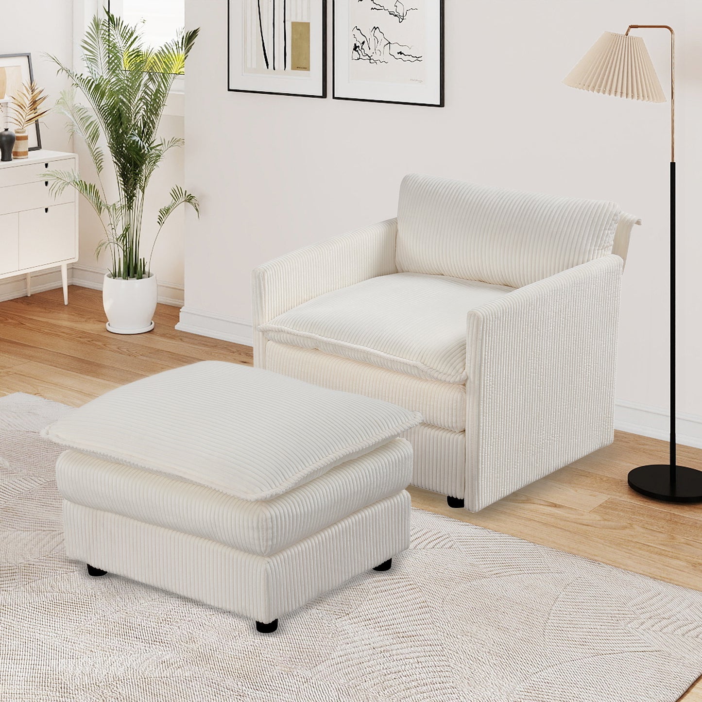Oversized Accent Chair with Ottoman in Beige Corduroy