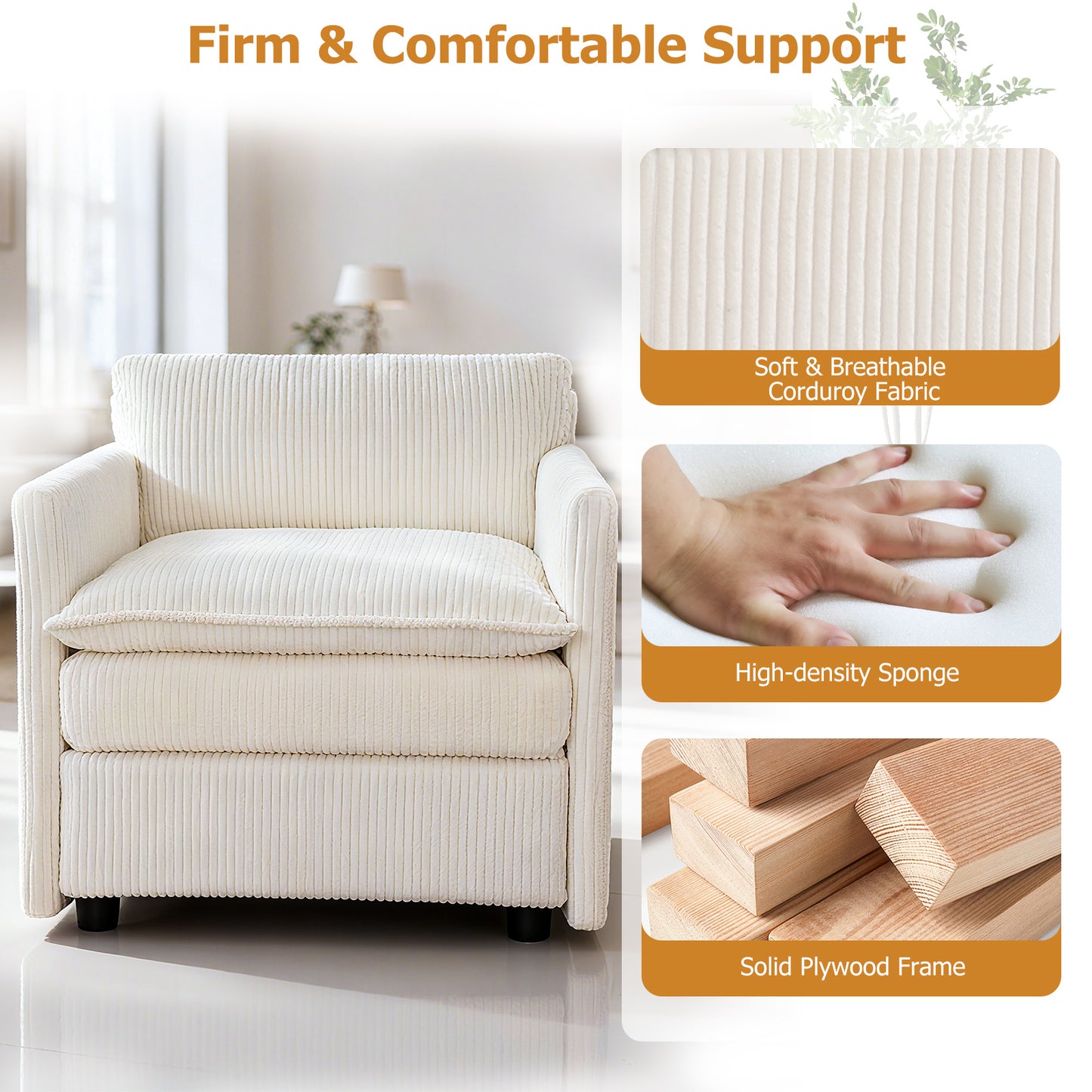 Oversized Accent Chair with Ottoman in Beige Corduroy