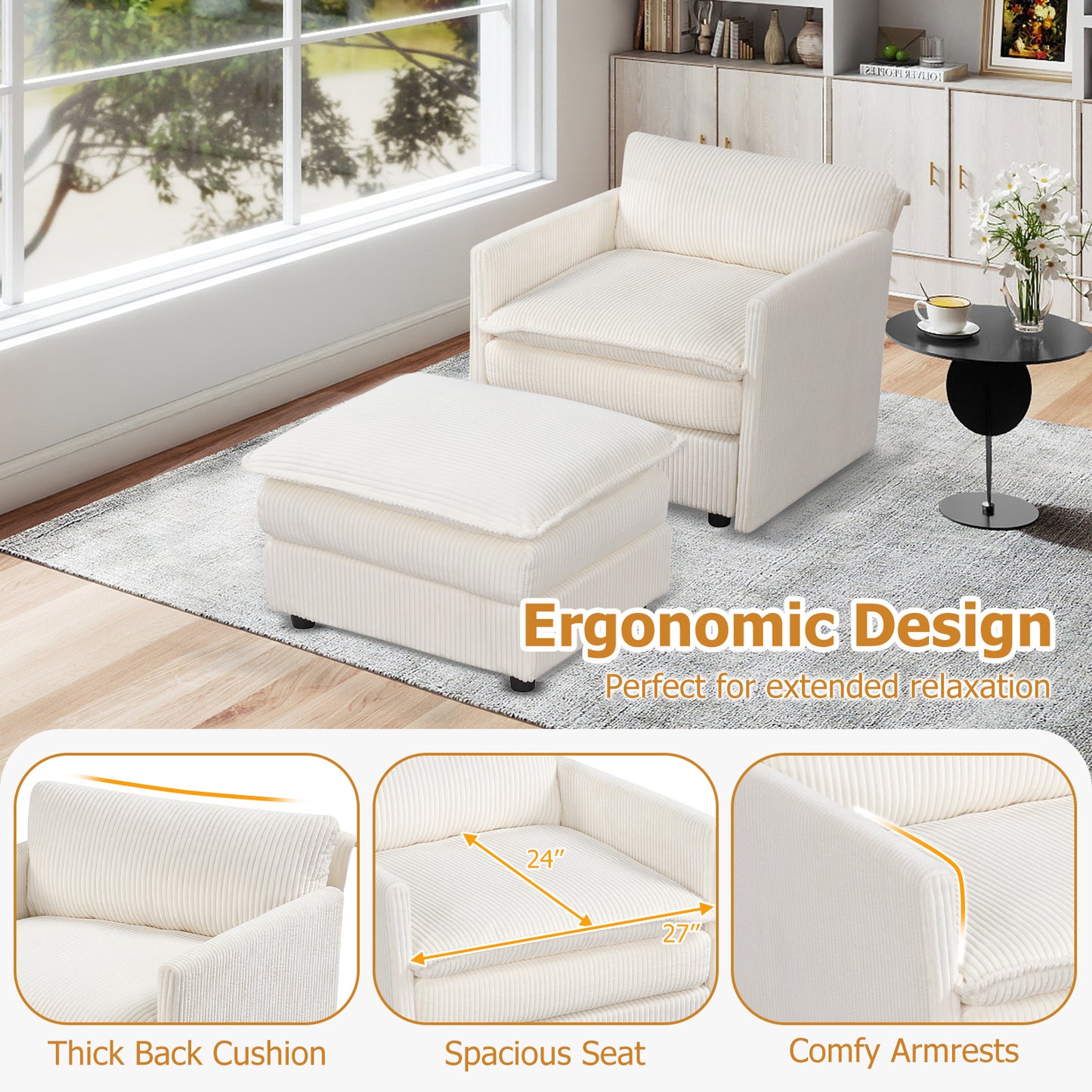 Oversized Accent Chair with Ottoman in Beige Corduroy