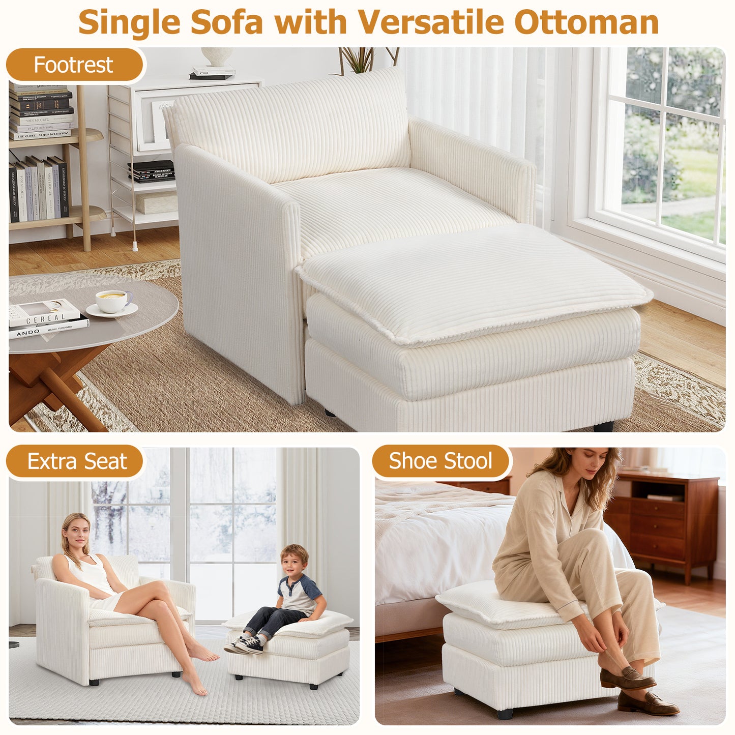 Oversized Accent Chair with Ottoman in Beige Corduroy