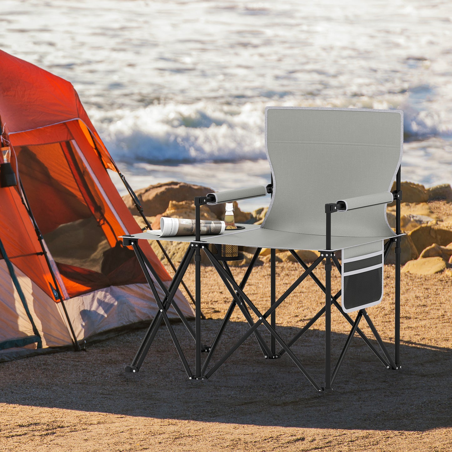 Oversized Camping Chair with Side Table and Storage Pockets