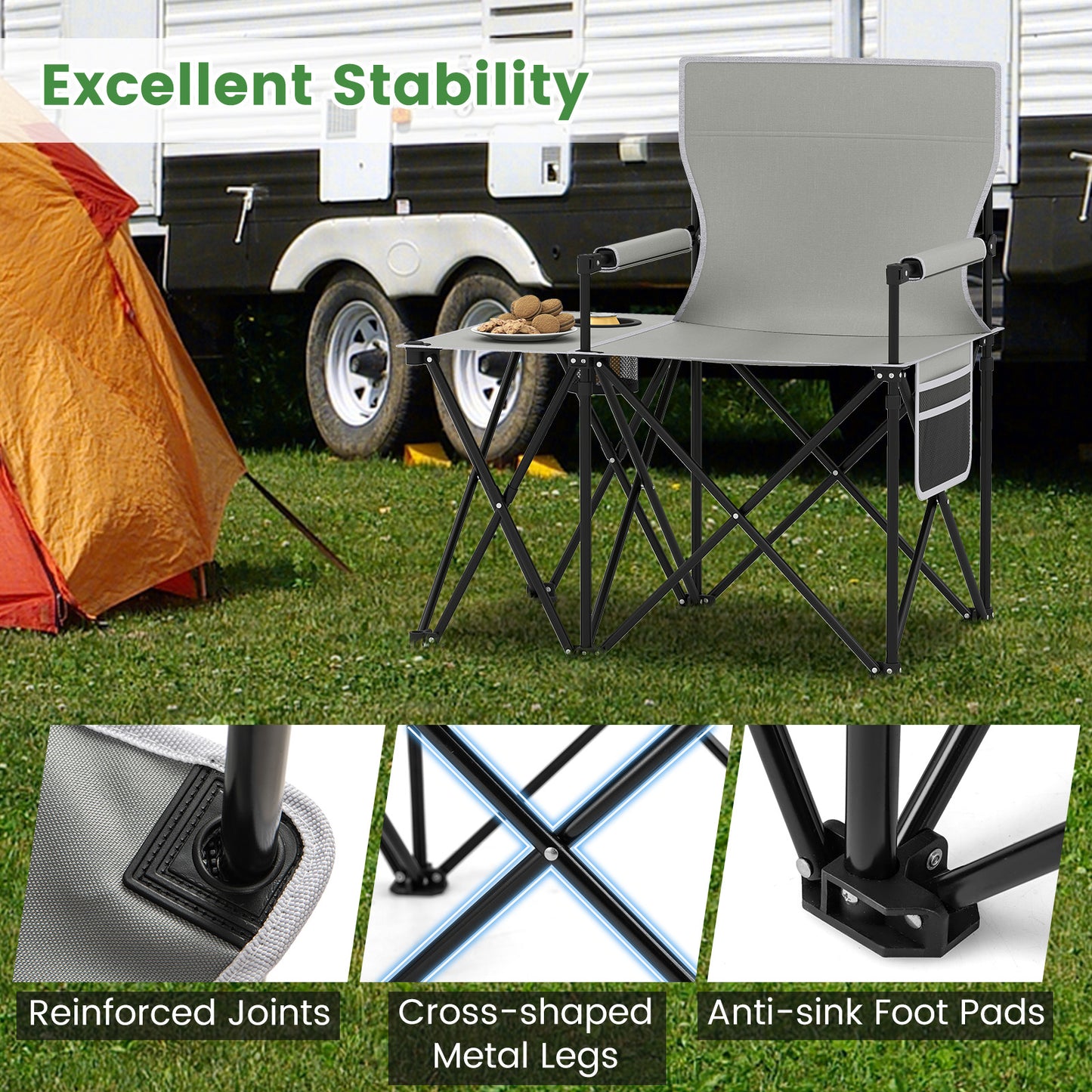 Oversized Camping Chair with Side Table and Storage Pockets