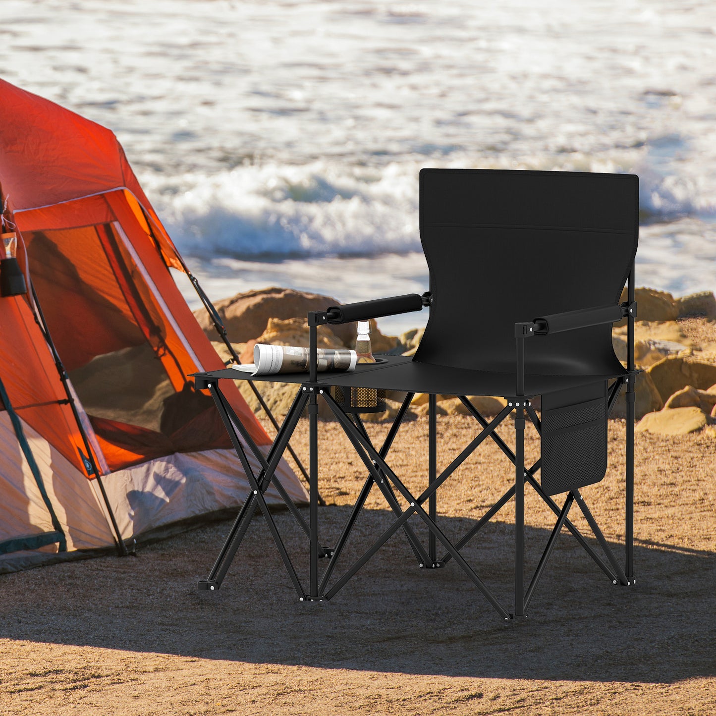 Oversized Camping Chair with Side Table and Storage Pockets