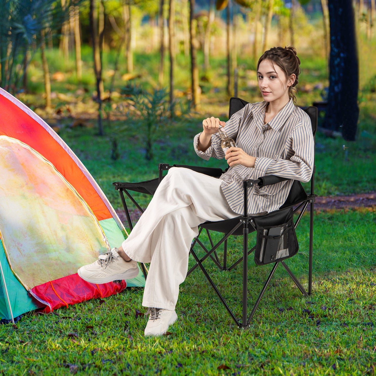 Oversized Camping Chair with Side Table and Storage Pockets