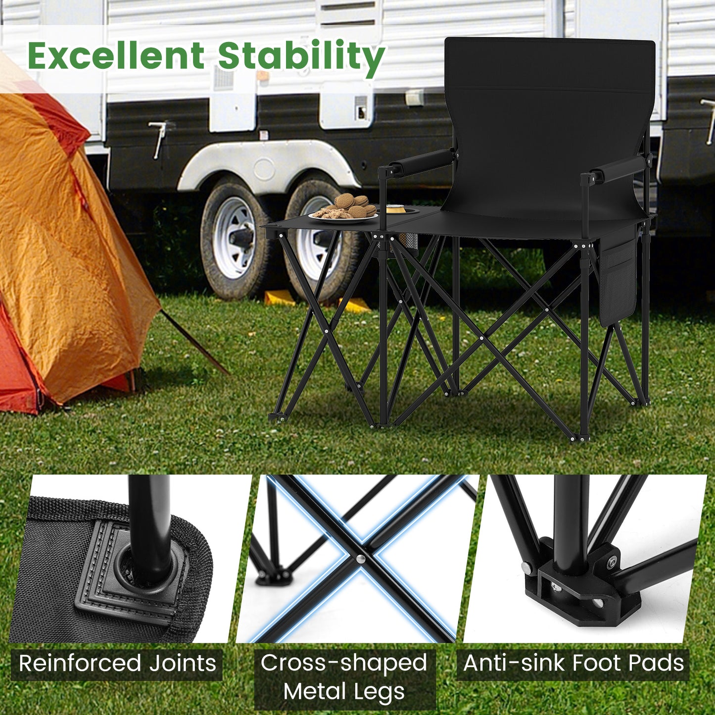 Oversized Camping Chair with Side Table and Storage Pockets