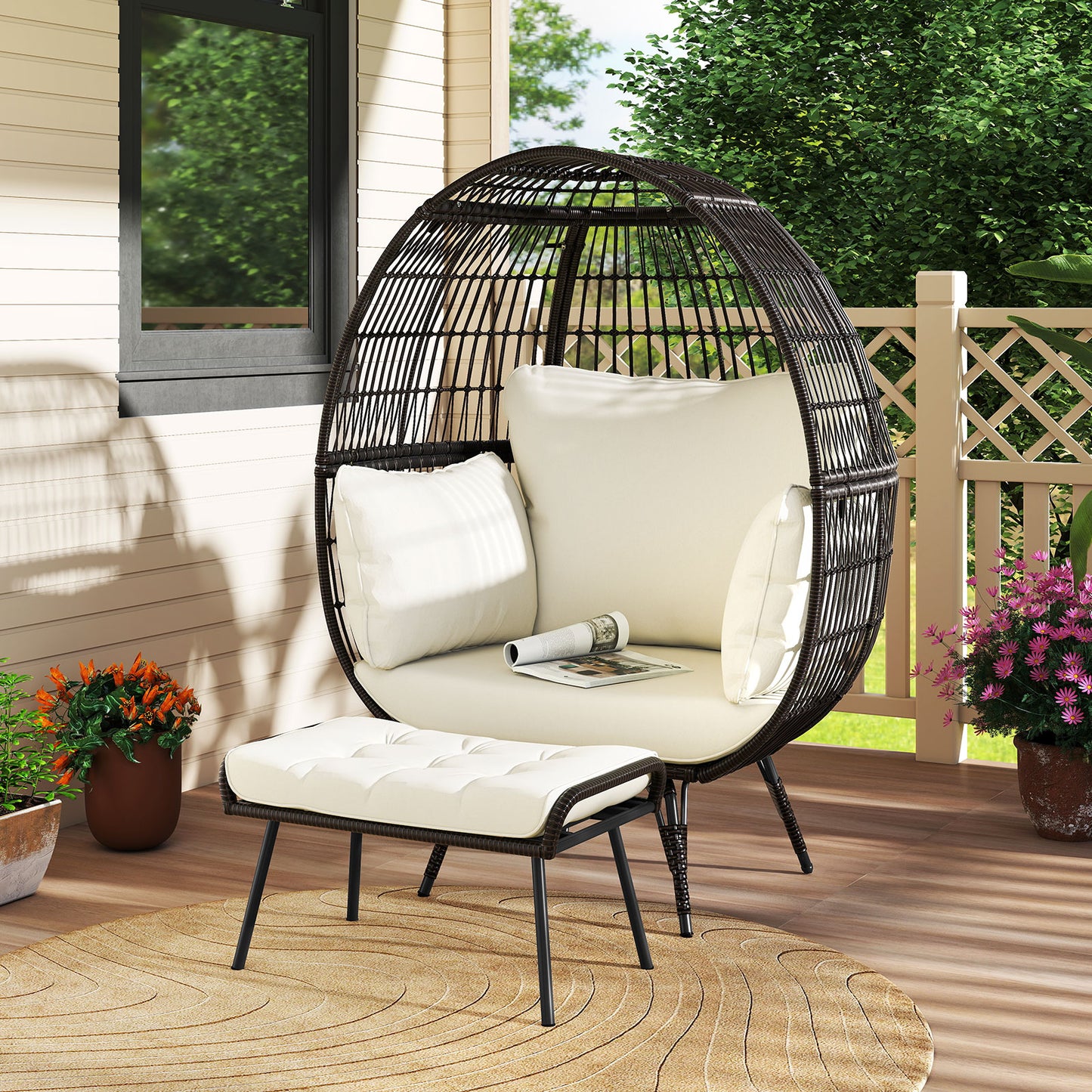 Oversized Rattan Egg Lounge Chair with 4 Cushions