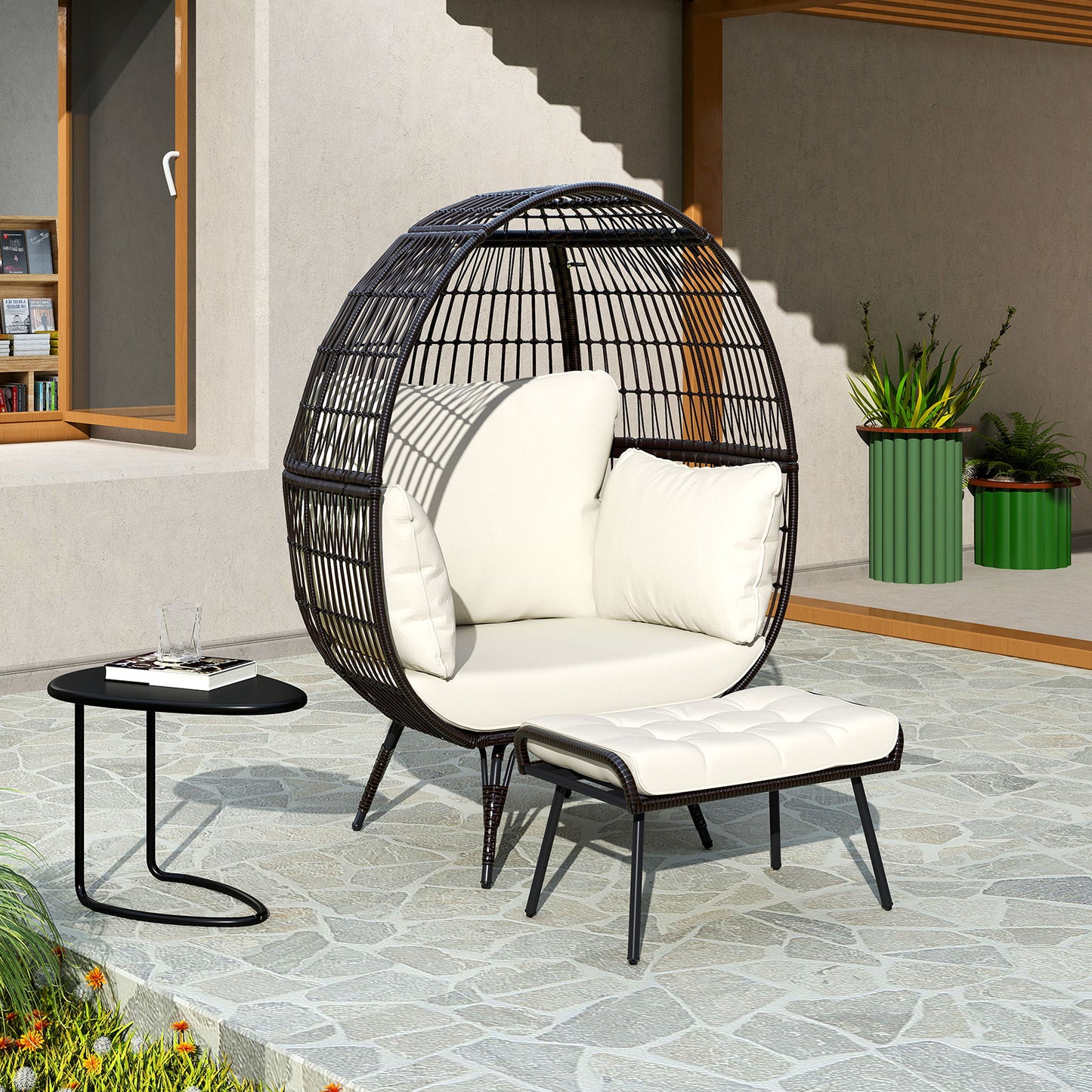 Oversized Rattan Egg Lounge Chair with 4 Cushions