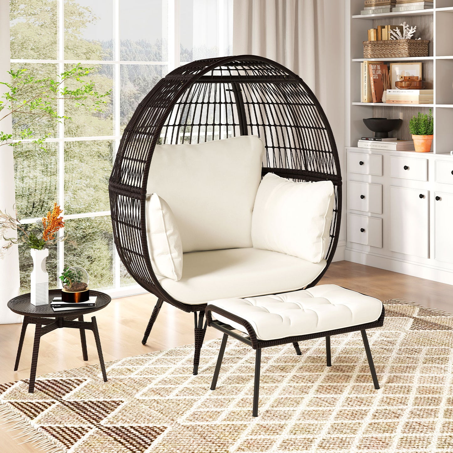 Oversized Rattan Egg Lounge Chair with 4 Cushions