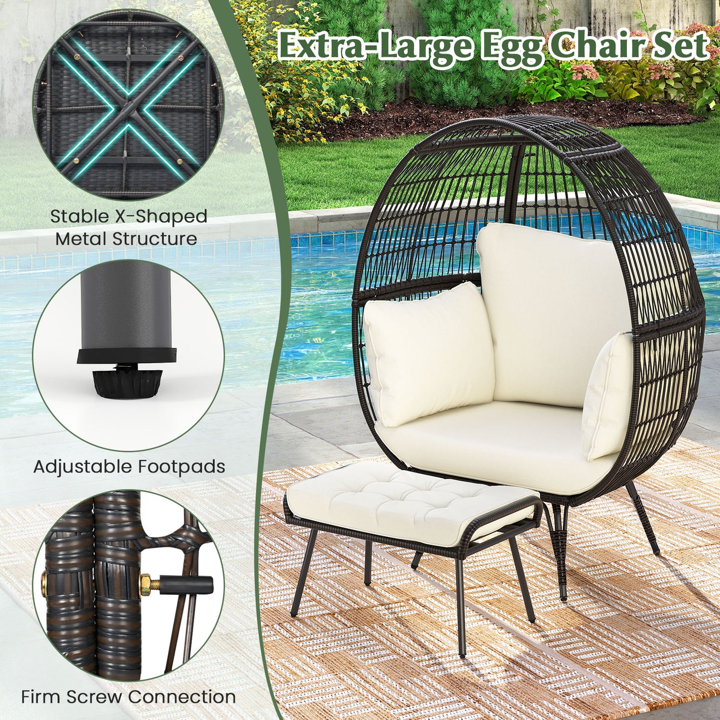 Oversized Rattan Egg Lounge Chair with 4 Cushions