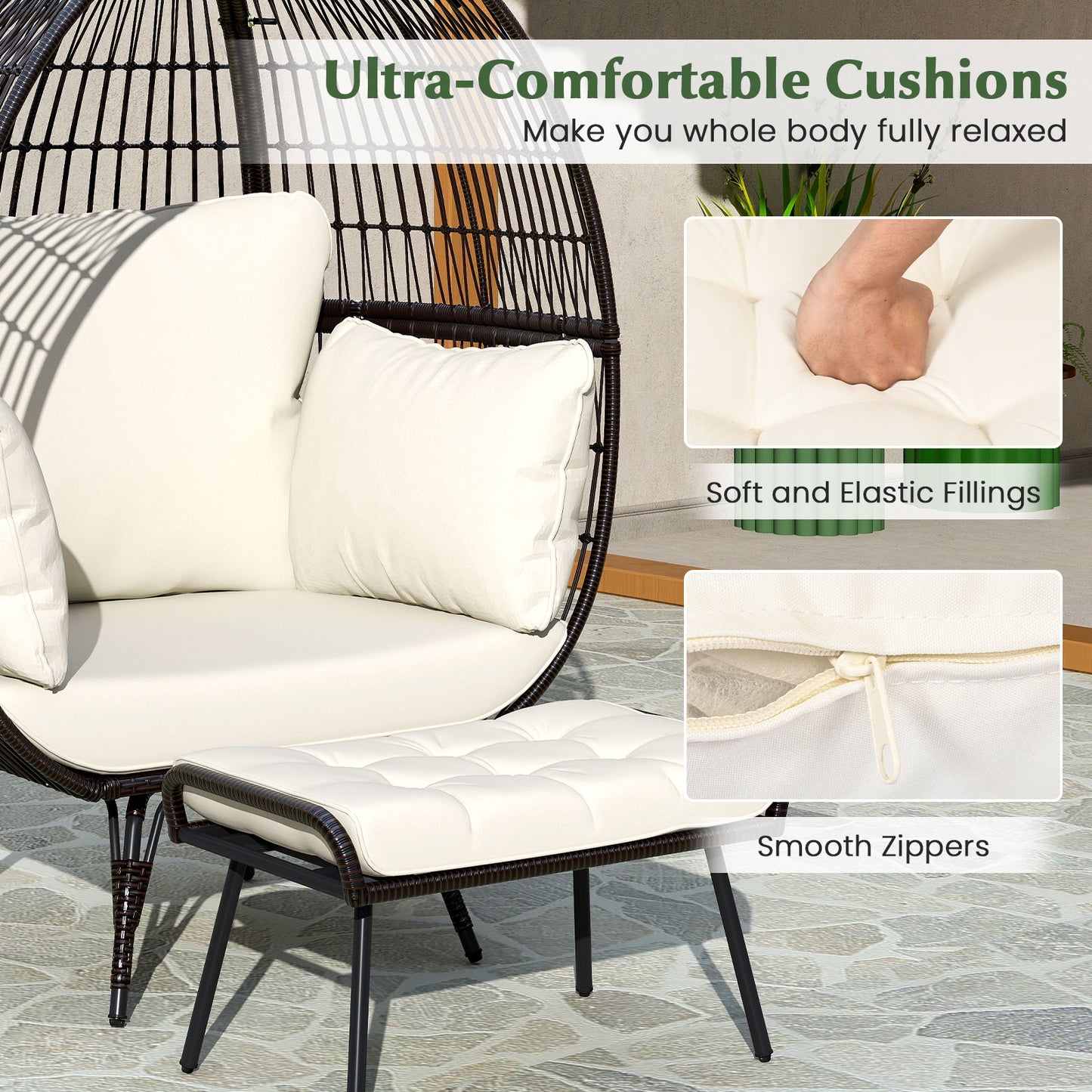 Oversized Rattan Egg Lounge Chair with 4 Cushions