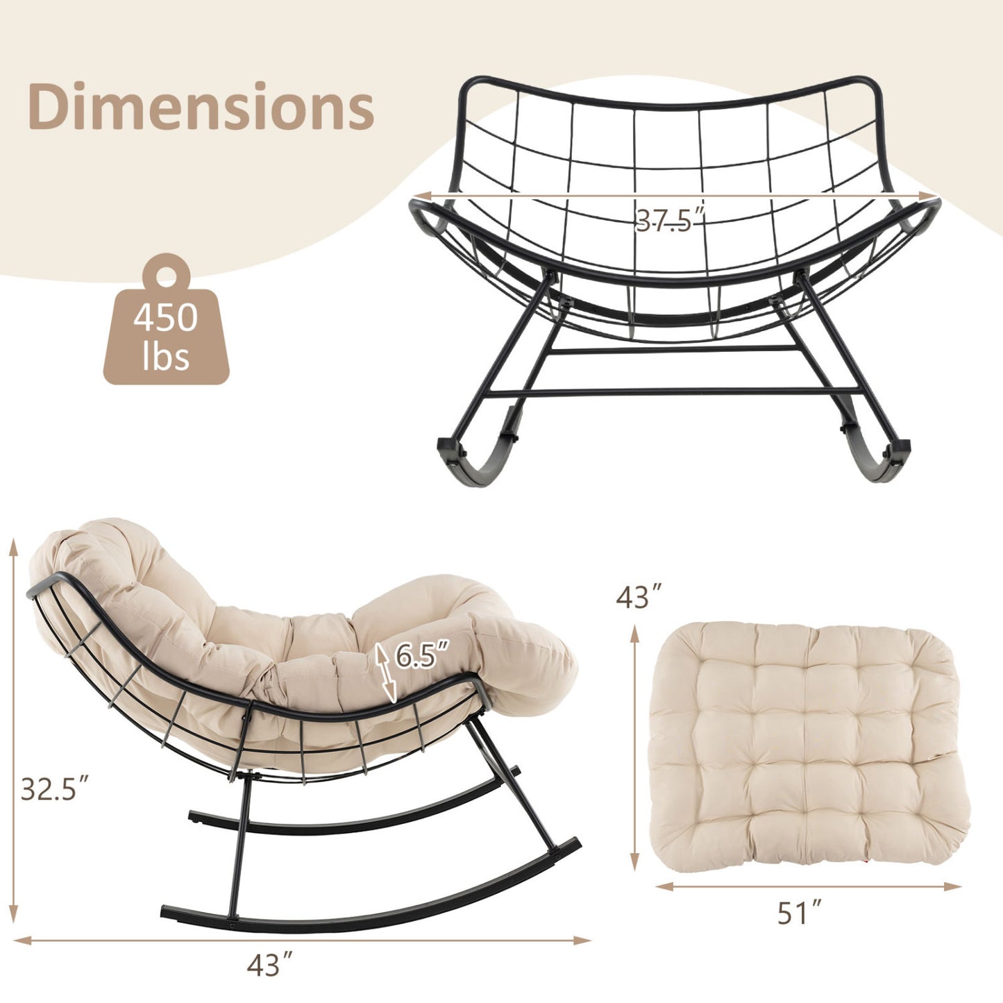 Oversized Egg Papasan Rocking Chair with Padded Cushion