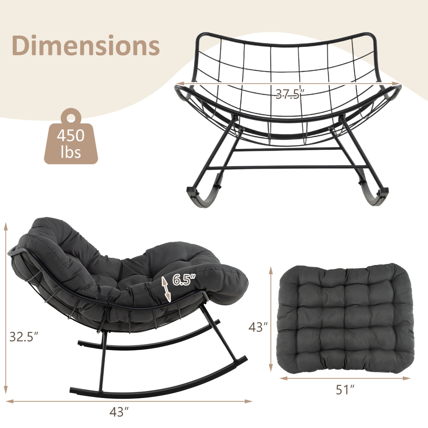 Oversized Egg Papasan Rocking Chair with Padded Cushion