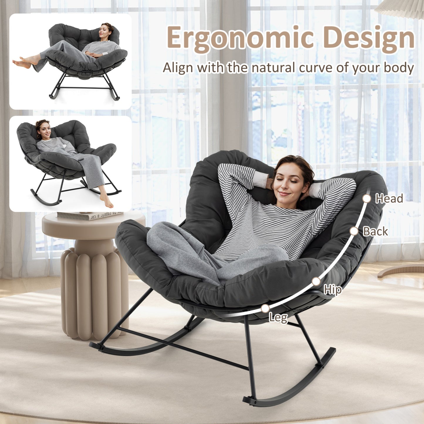 Oversized Egg Papasan Rocking Chair with Padded Cushion