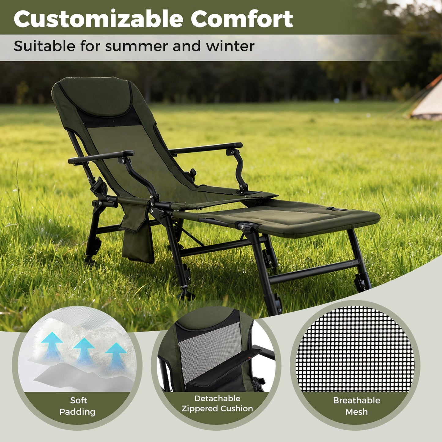 Oversized Foldable Fishing Chair with Detachable Footrest-Green