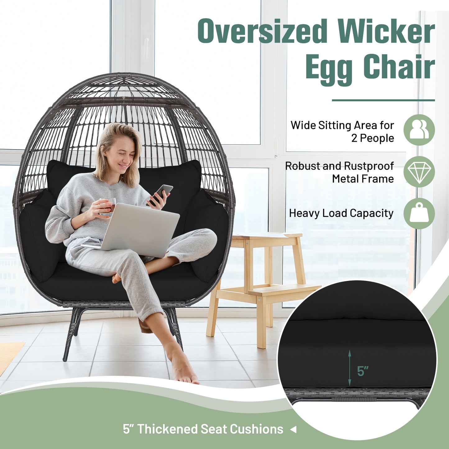 Oversized Rattan Egg Lounge Chair with 4 Cushions