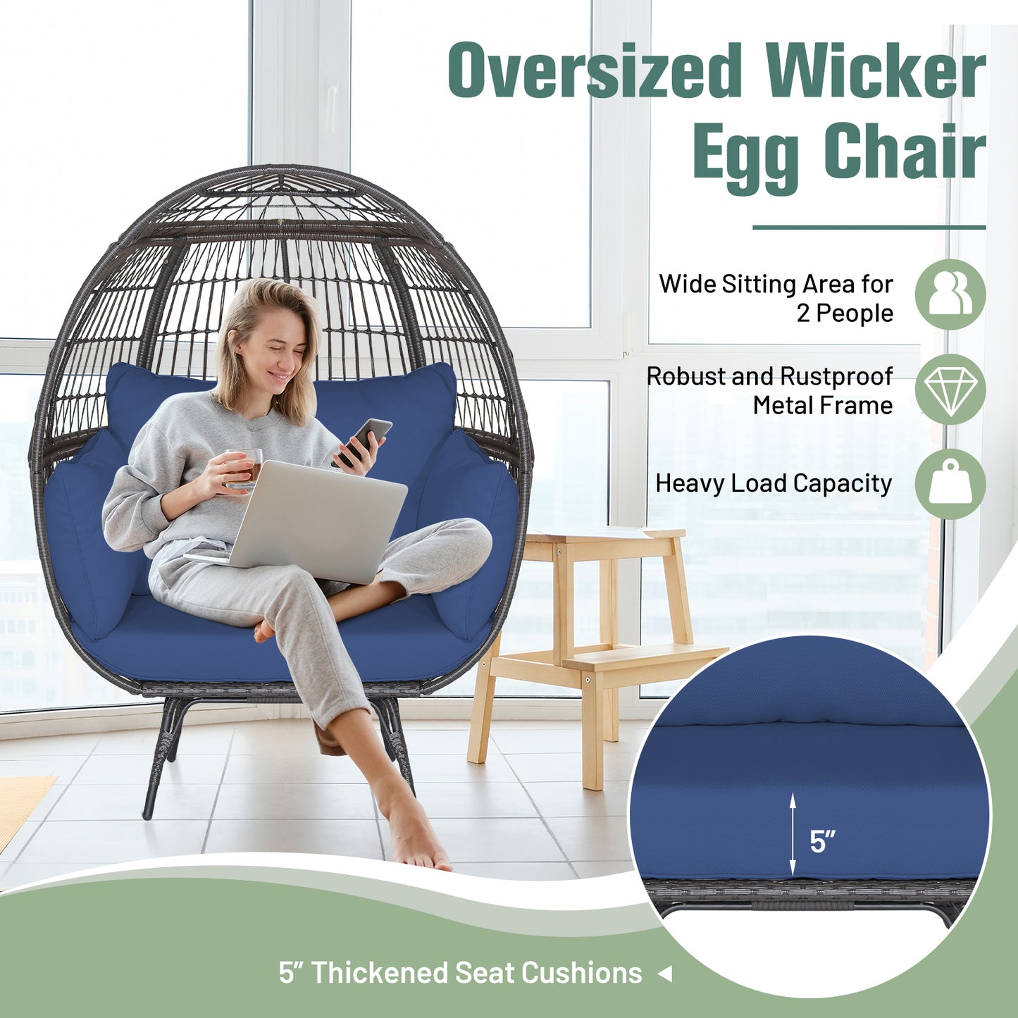 Oversized Rattan Egg Lounge Chair with 4 Cushions