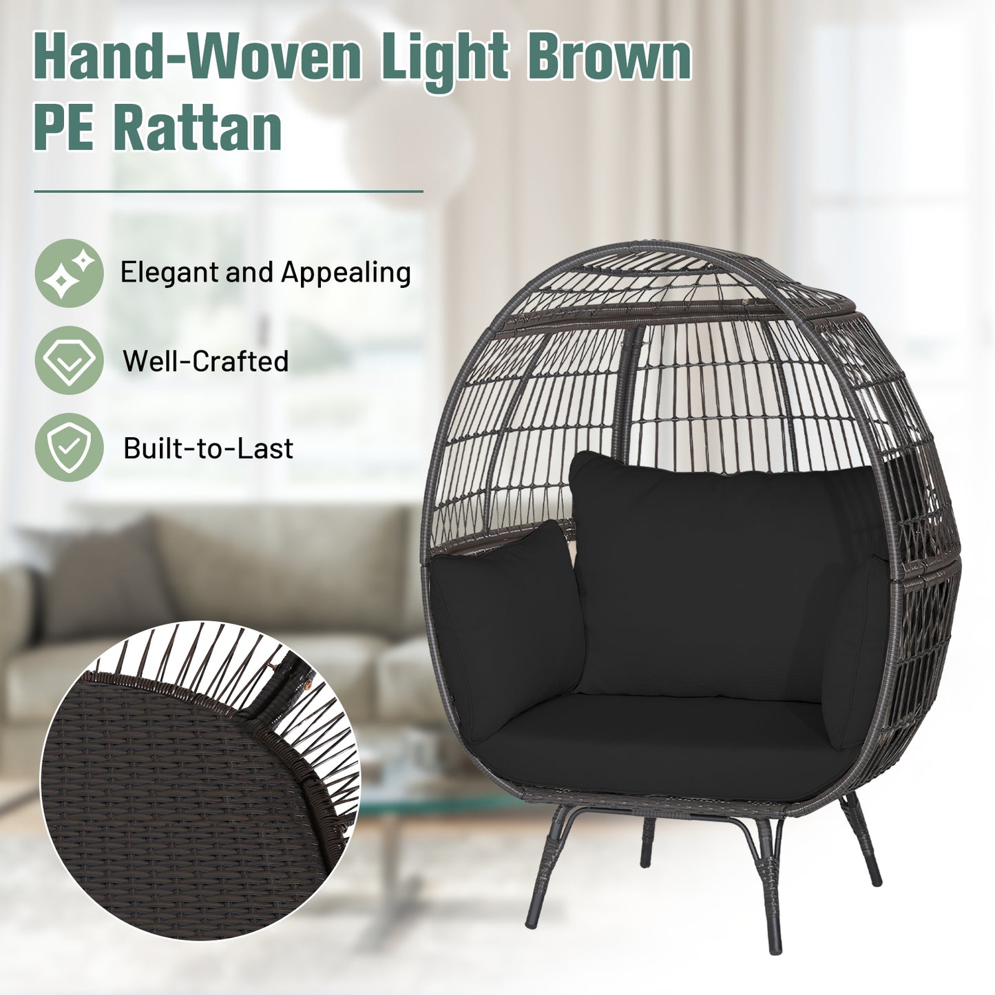 Oversized Rattan Egg Lounge Chair with 4 Cushions