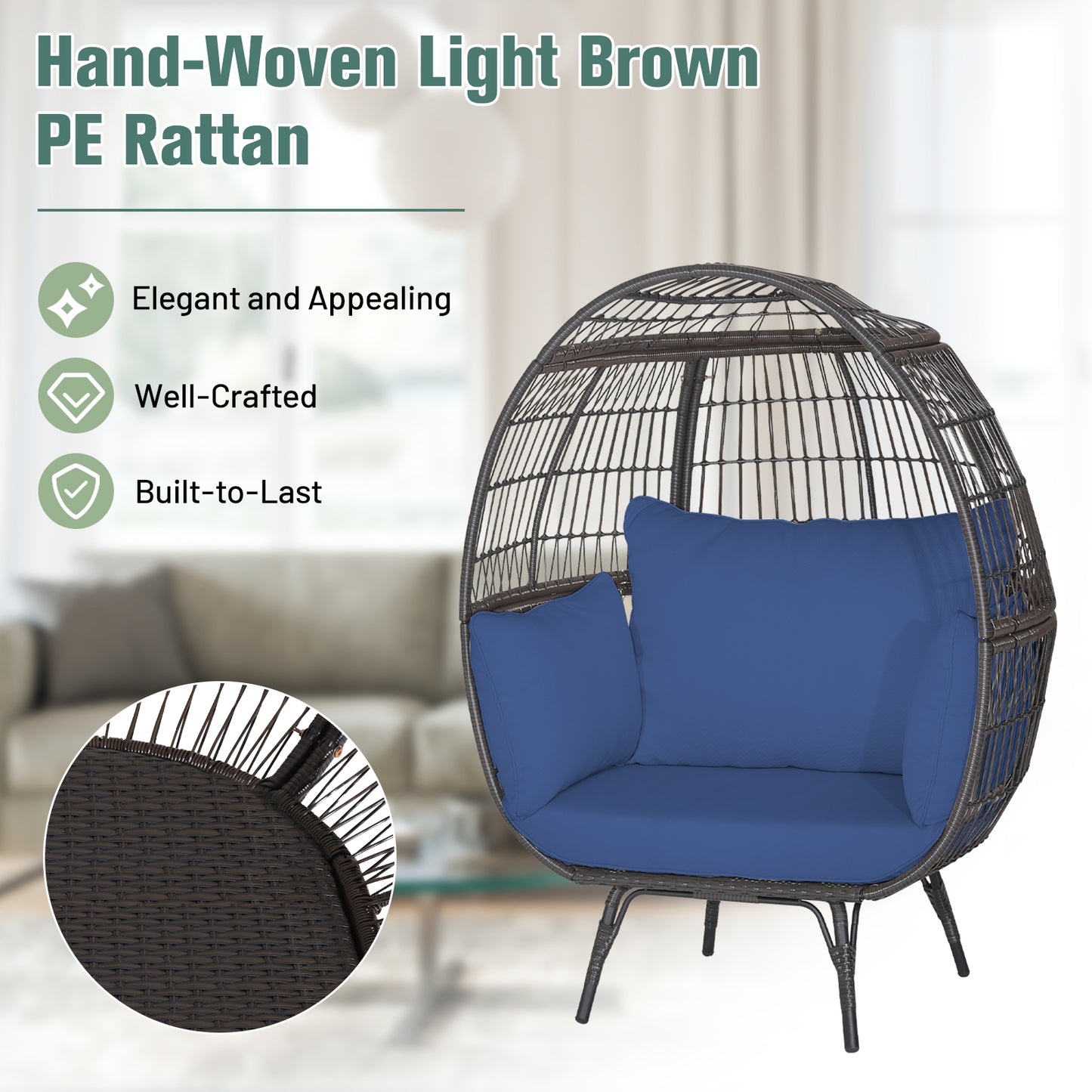 Oversized Rattan Egg Lounge Chair with 4 Cushions
