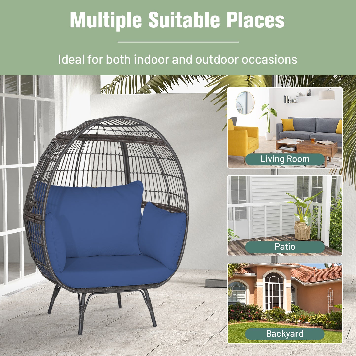 Oversized Rattan Egg Lounge Chair with 4 Cushions