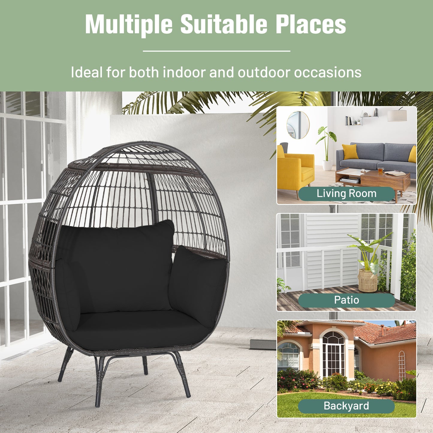 Oversized Rattan Egg Lounge Chair with 4 Cushions