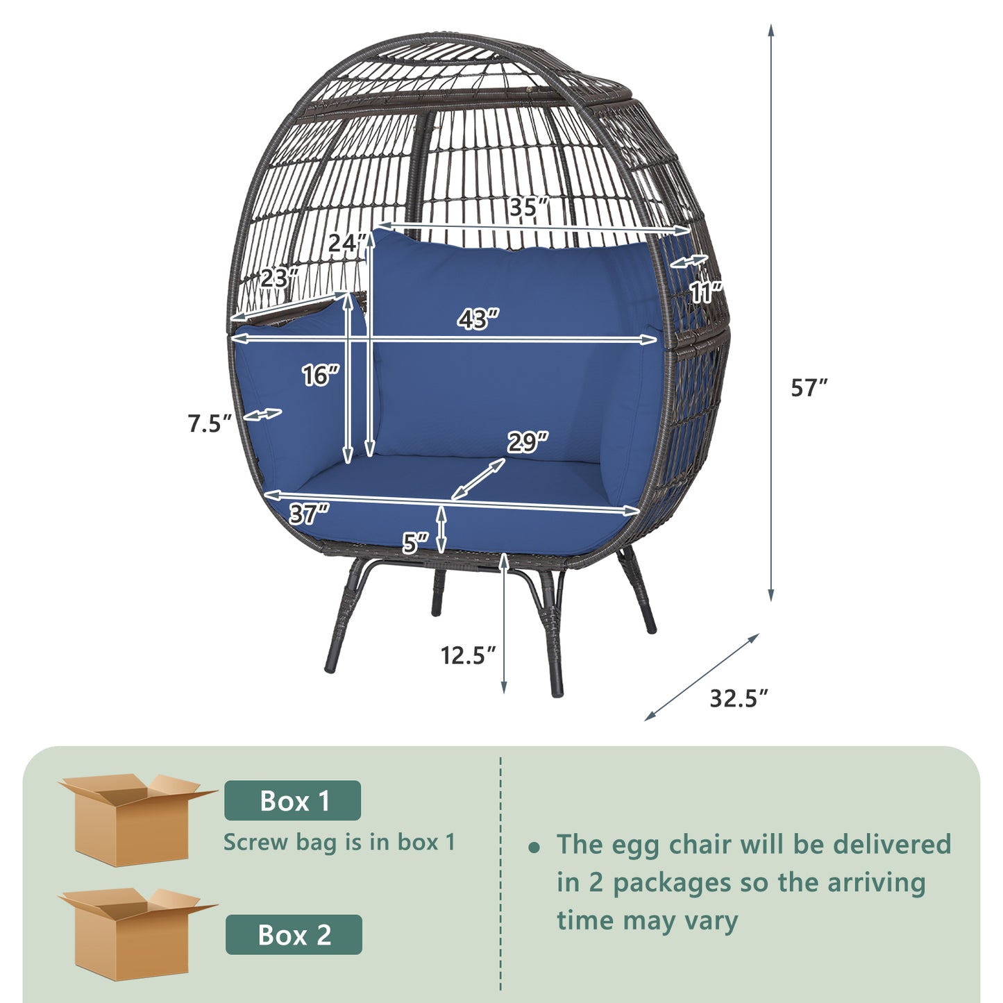 Oversized Rattan Egg Lounge Chair with 4 Cushions