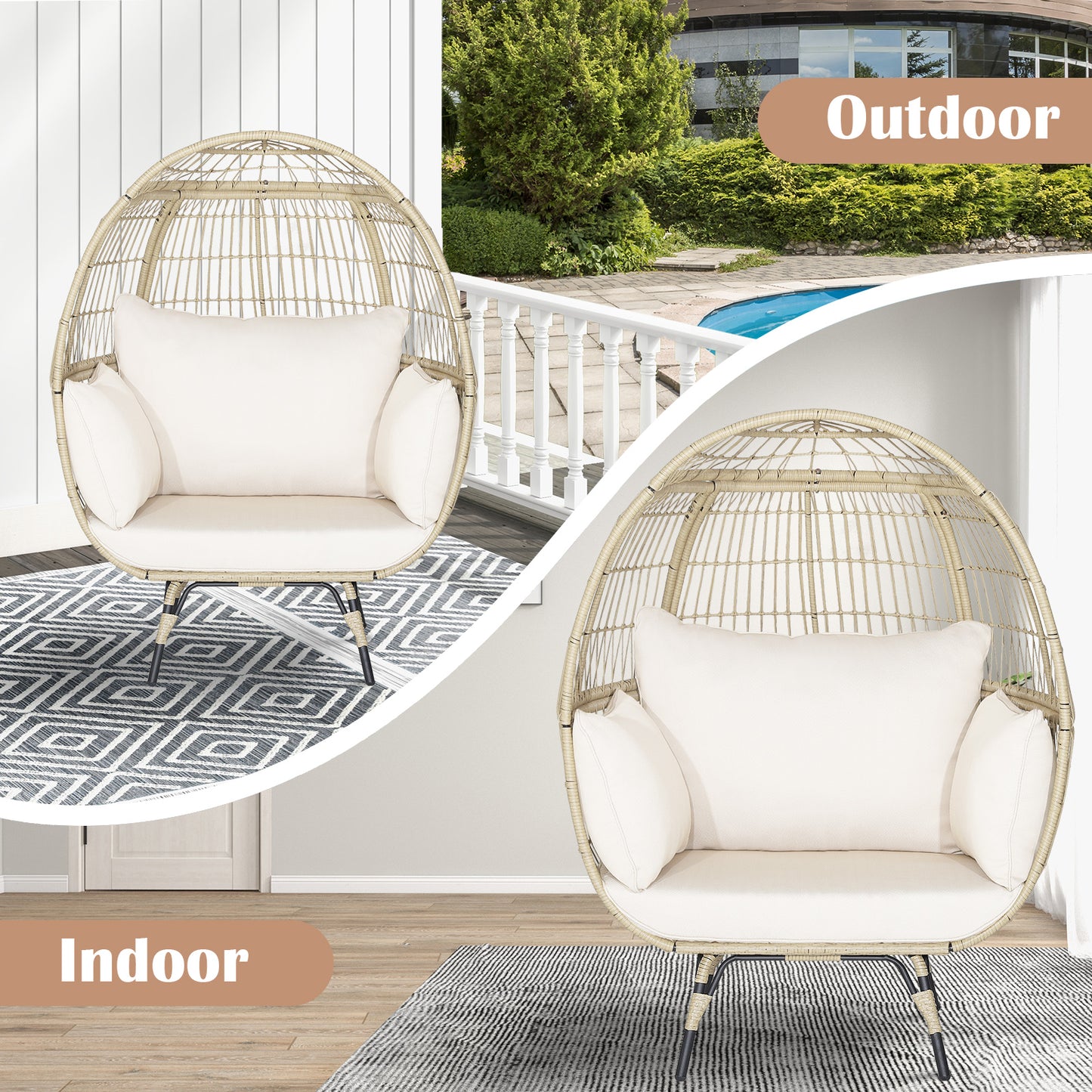 Oversized Rattan Egg Lounge Chair with 4 Cushions