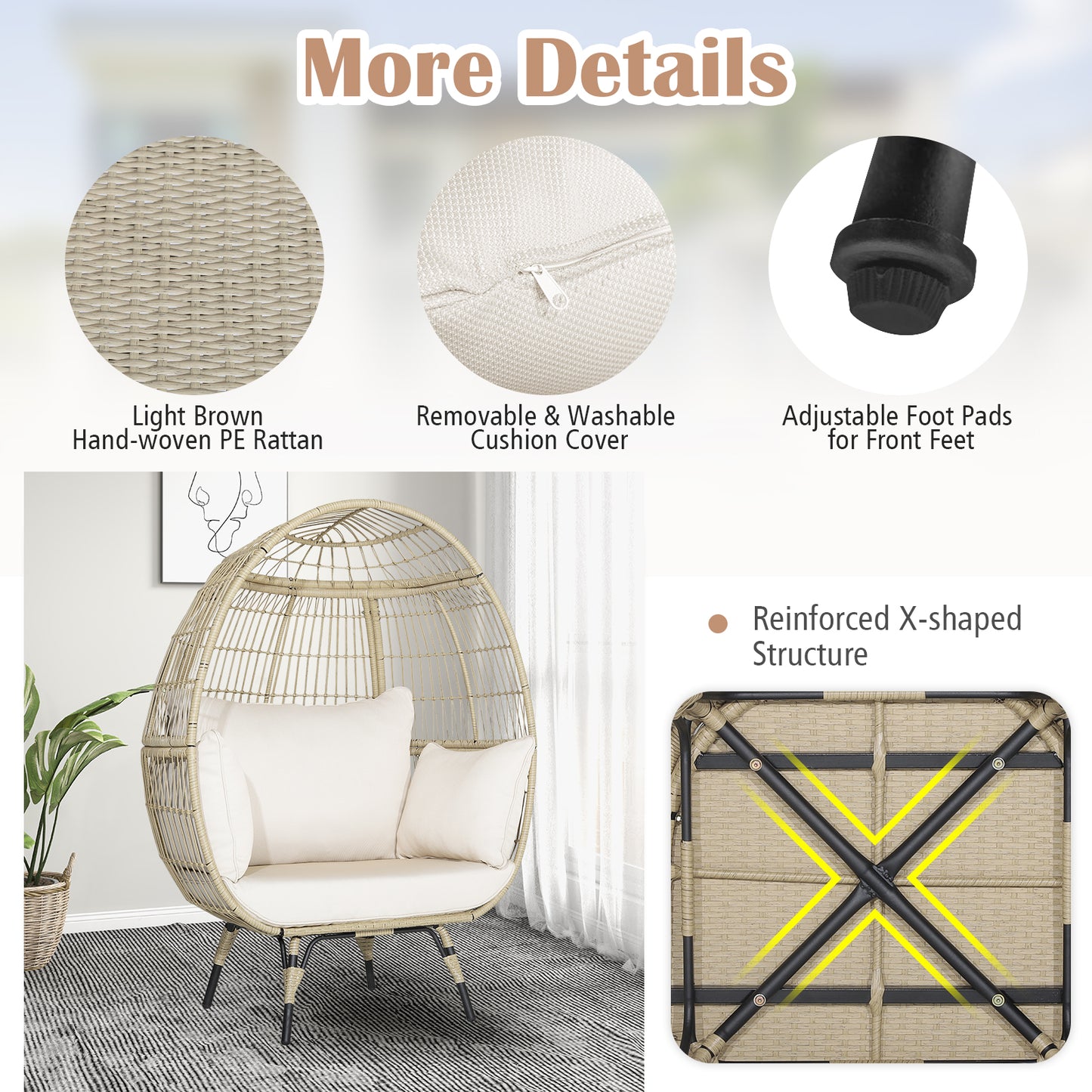 Oversized Rattan Egg Lounge Chair with 4 Cushions