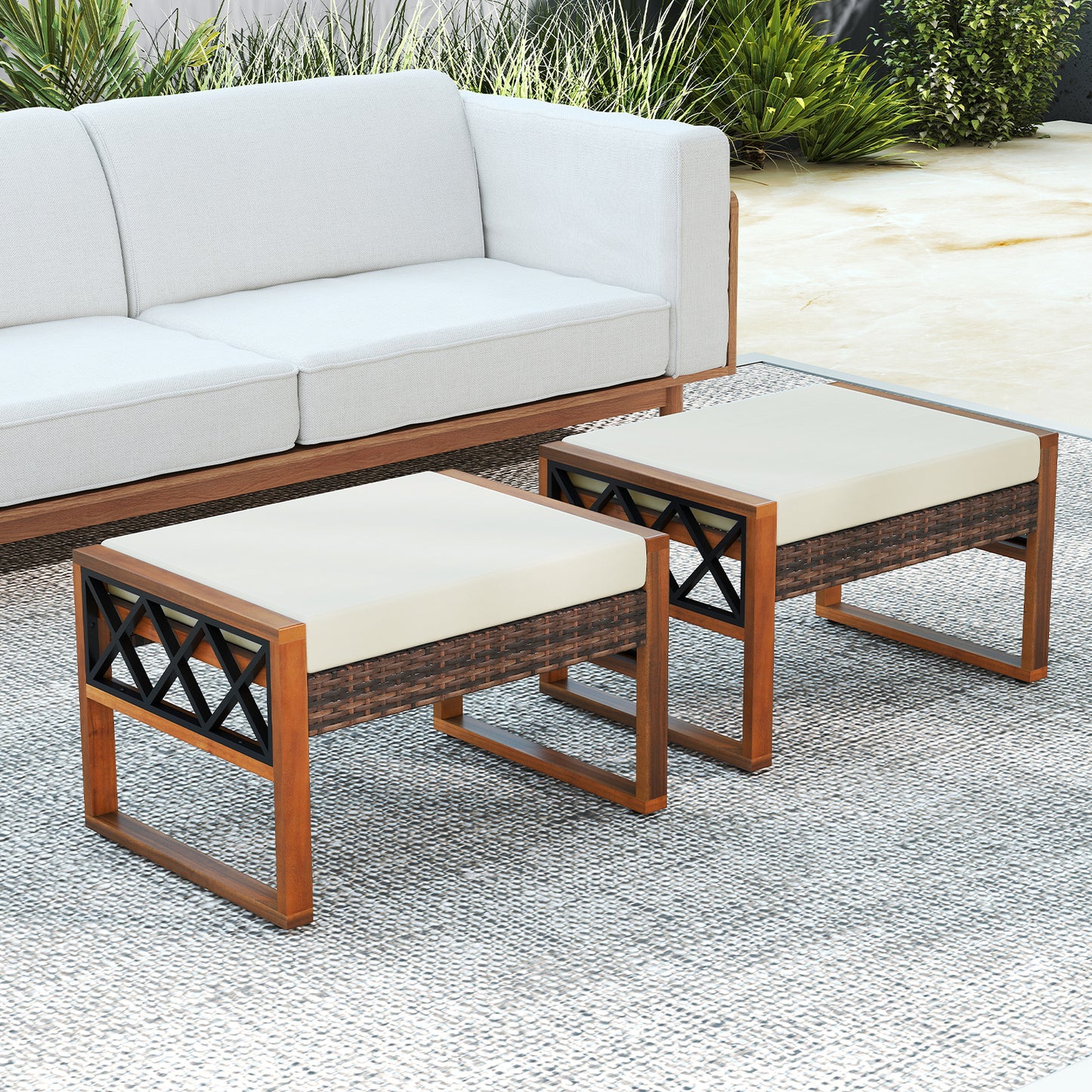 Rattan Wicker Ottomans Set of 2 with Removable Cushions