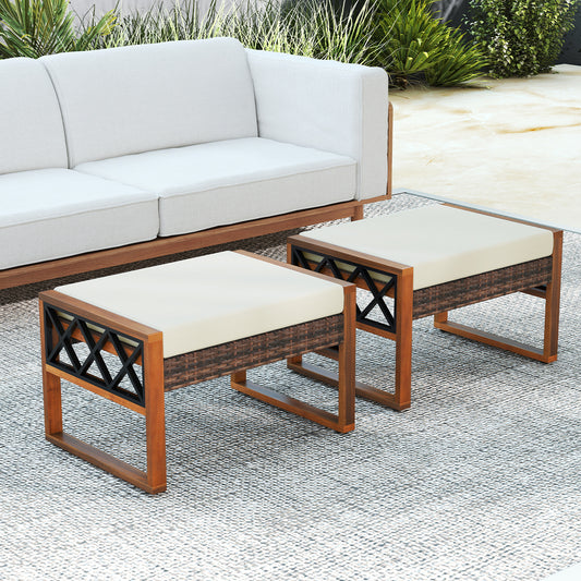 Rattan Wicker Ottomans Set of 2 with Removable Cushions