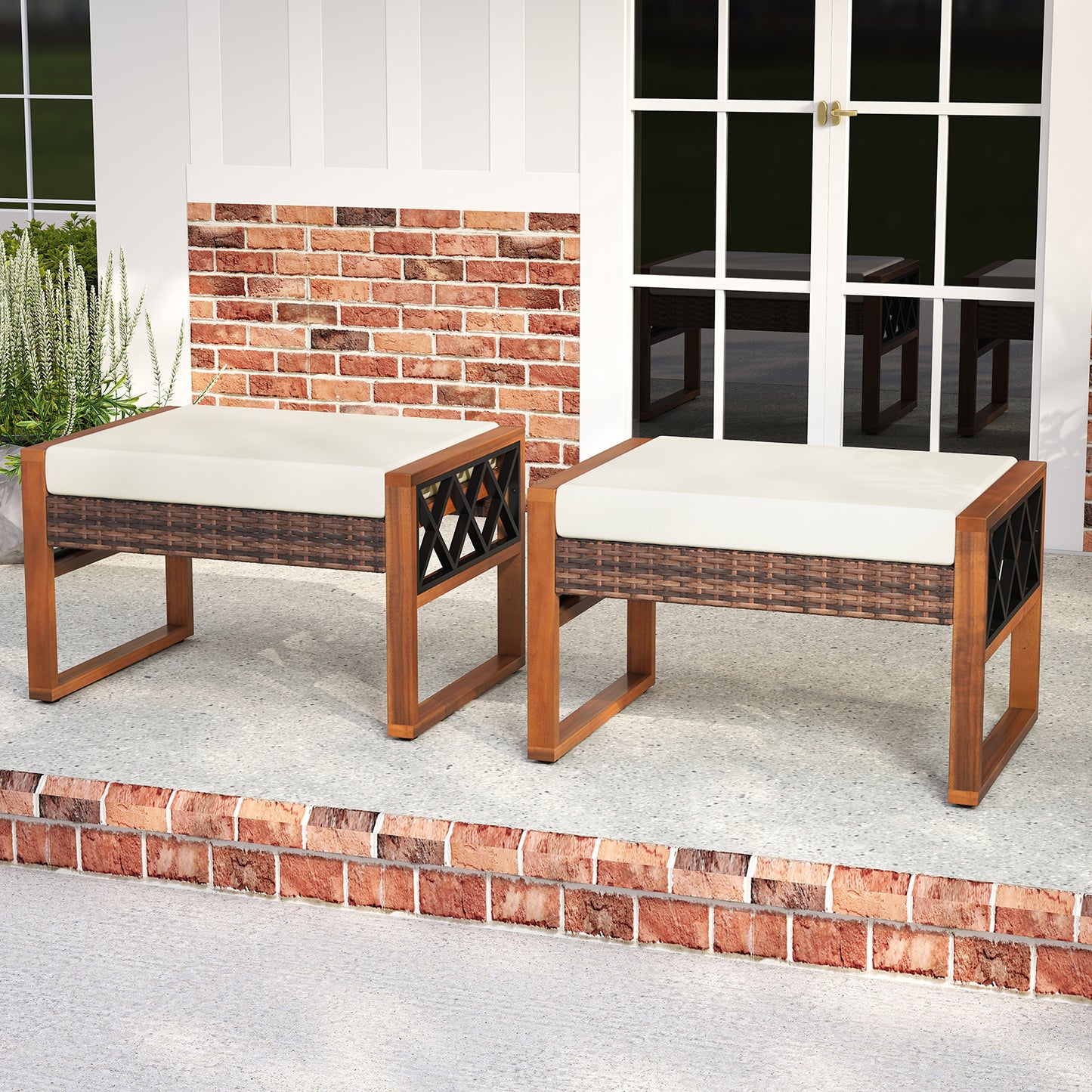 Rattan Wicker Ottomans Set of 2 with Removable Cushions