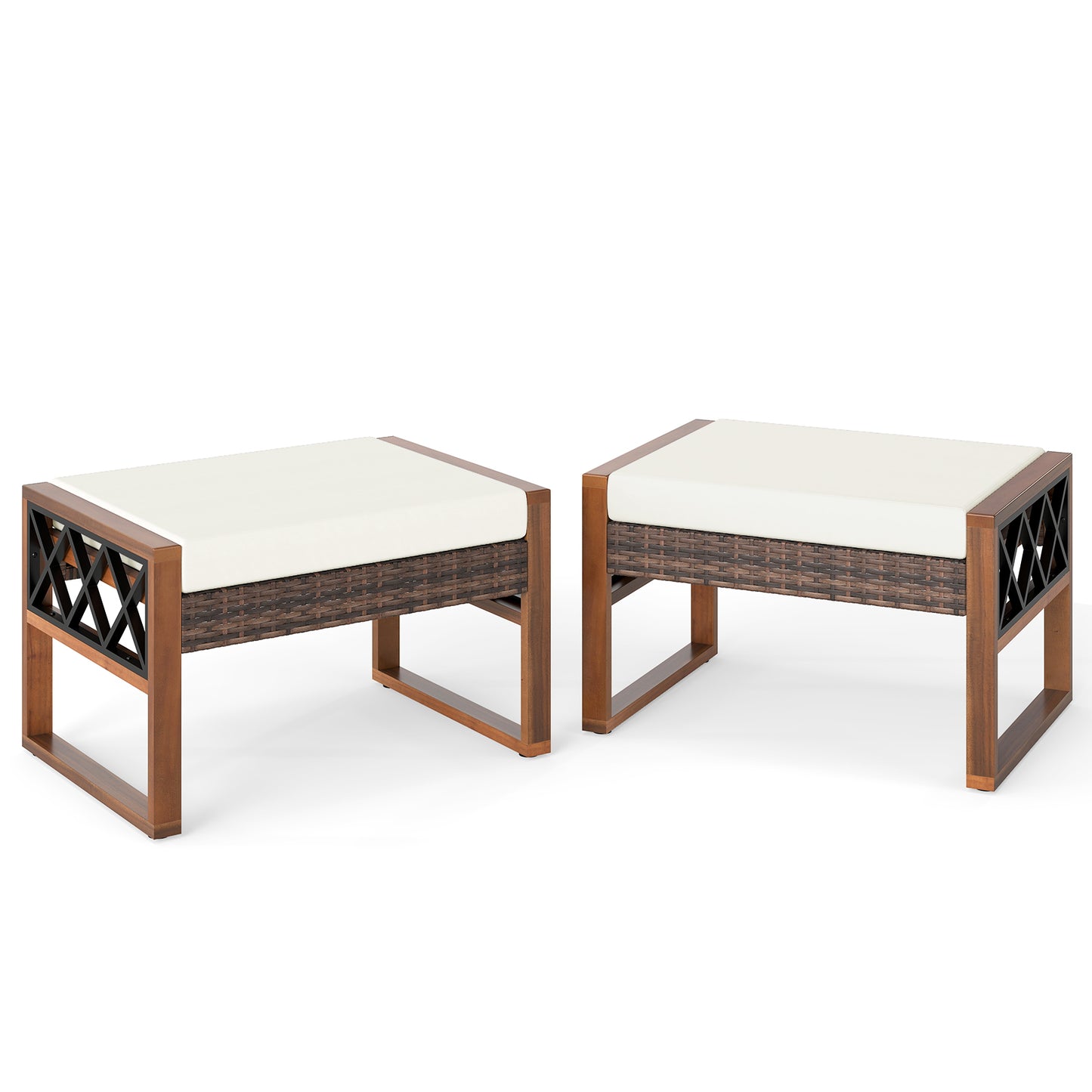 Rattan Wicker Ottomans Set of 2 with Removable Cushions