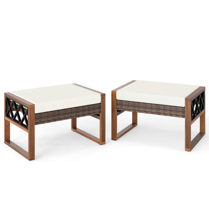 Rattan Wicker Ottomans Set of 2 with Removable Cushions