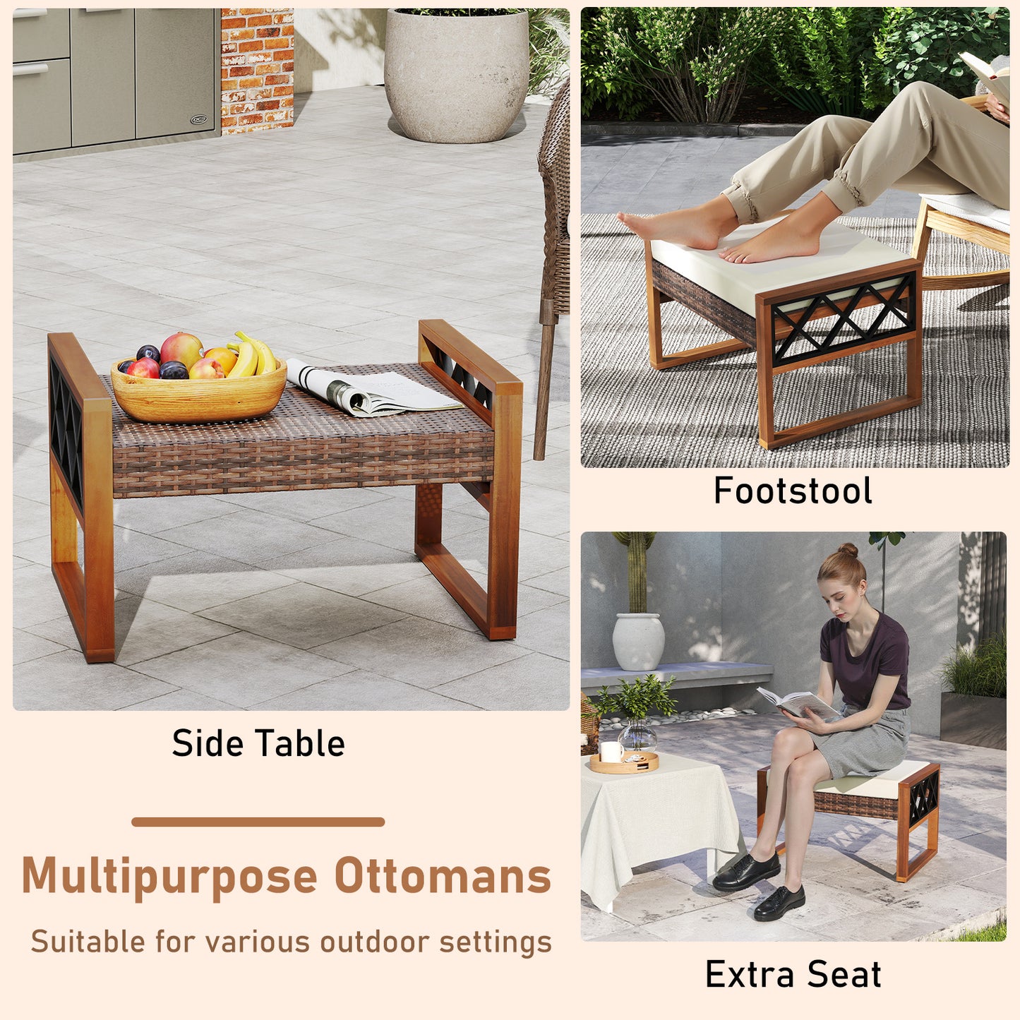Rattan Wicker Ottomans Set of 2 with Removable Cushions